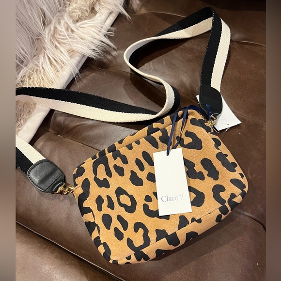CLARE V. Midi Sac Animal Leopard Print Leather Shoulder Bag Cat Suede - Picture 1 of 5